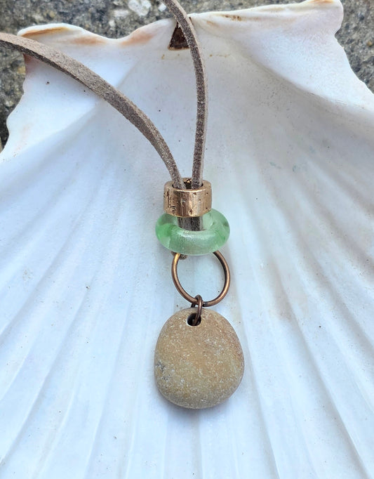 Shoreline Stone Necklace- Suede Cord Necklace with River Stone, Lampwork Glass & Bronze Accent