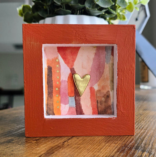 Handmade 4x4 Shelf Sitter Art – Gold Heart Decor – Small Wood Mixed Media Artwork
