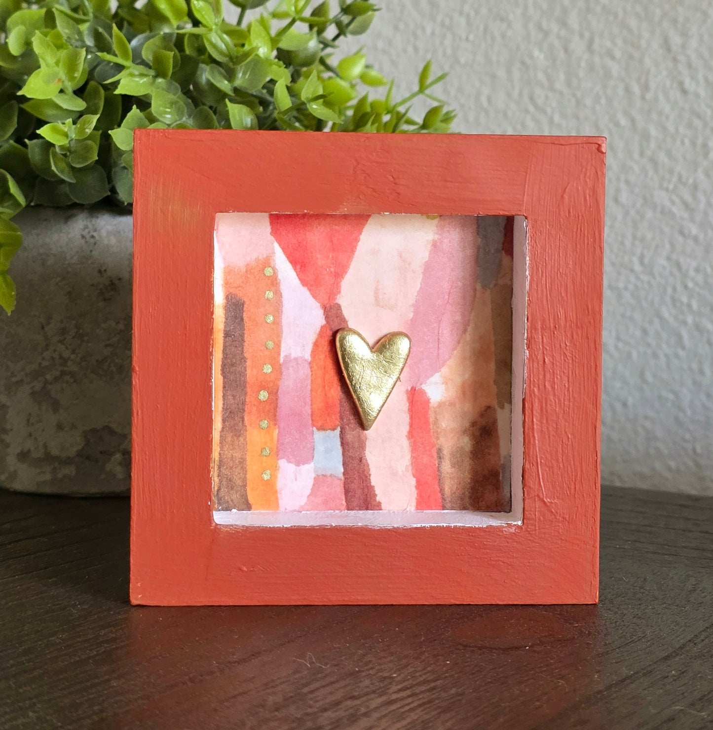 Handmade 4x4 Shelf Sitter Art – Gold Heart Decor – Small Wood Mixed Media Artwork