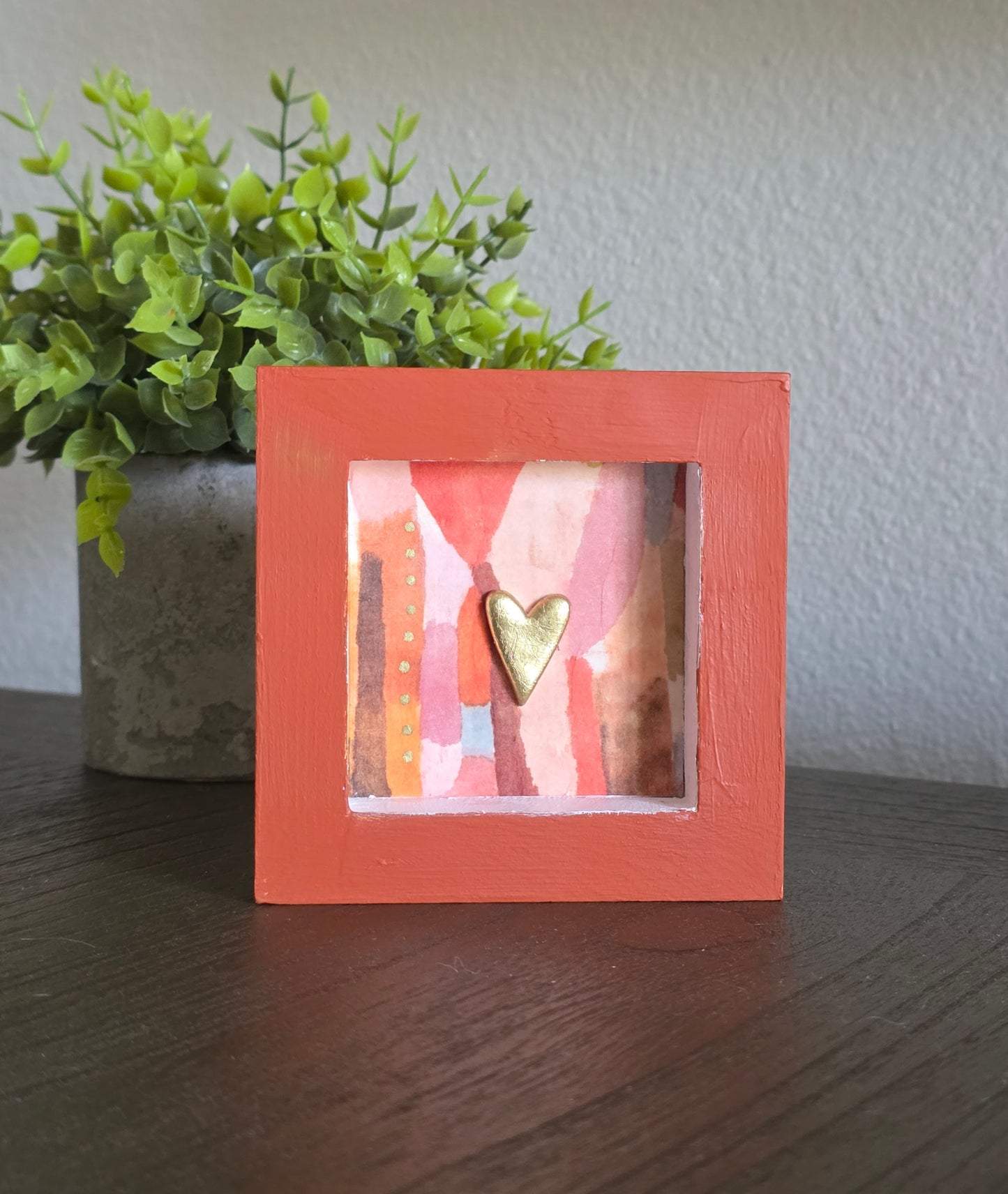 Handmade 4x4 Shelf Sitter Art – Gold Heart Decor – Small Wood Mixed Media Artwork