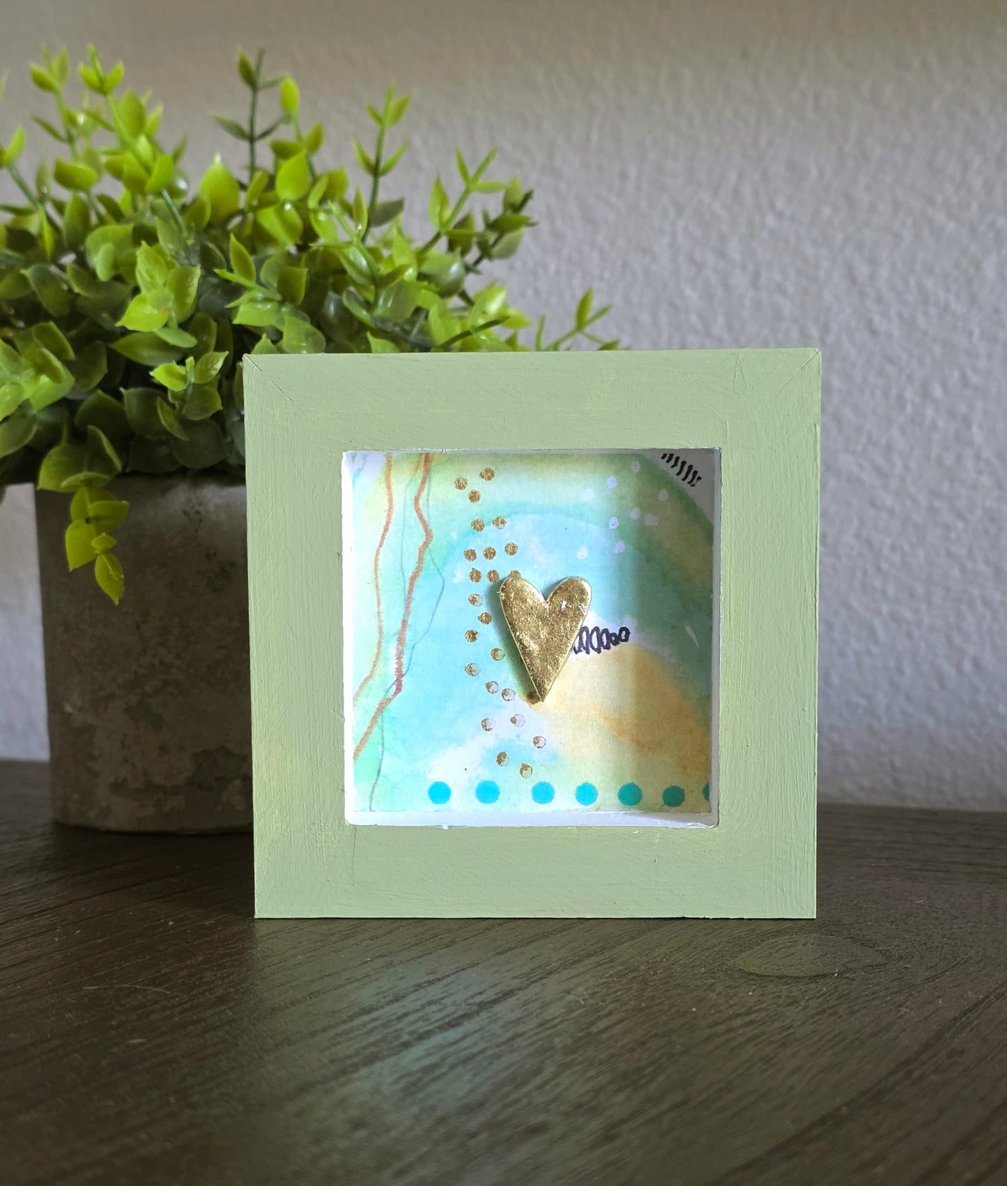 Handmade 4x4 Shelf Sitter Art – Gold Heart Decor – Soft Green & Blue Mixed Media Wood Art