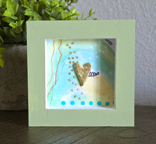 Handmade 4x4 Shelf Sitter Art – Gold Heart Decor – Soft Green & Blue Mixed Media Wood Art