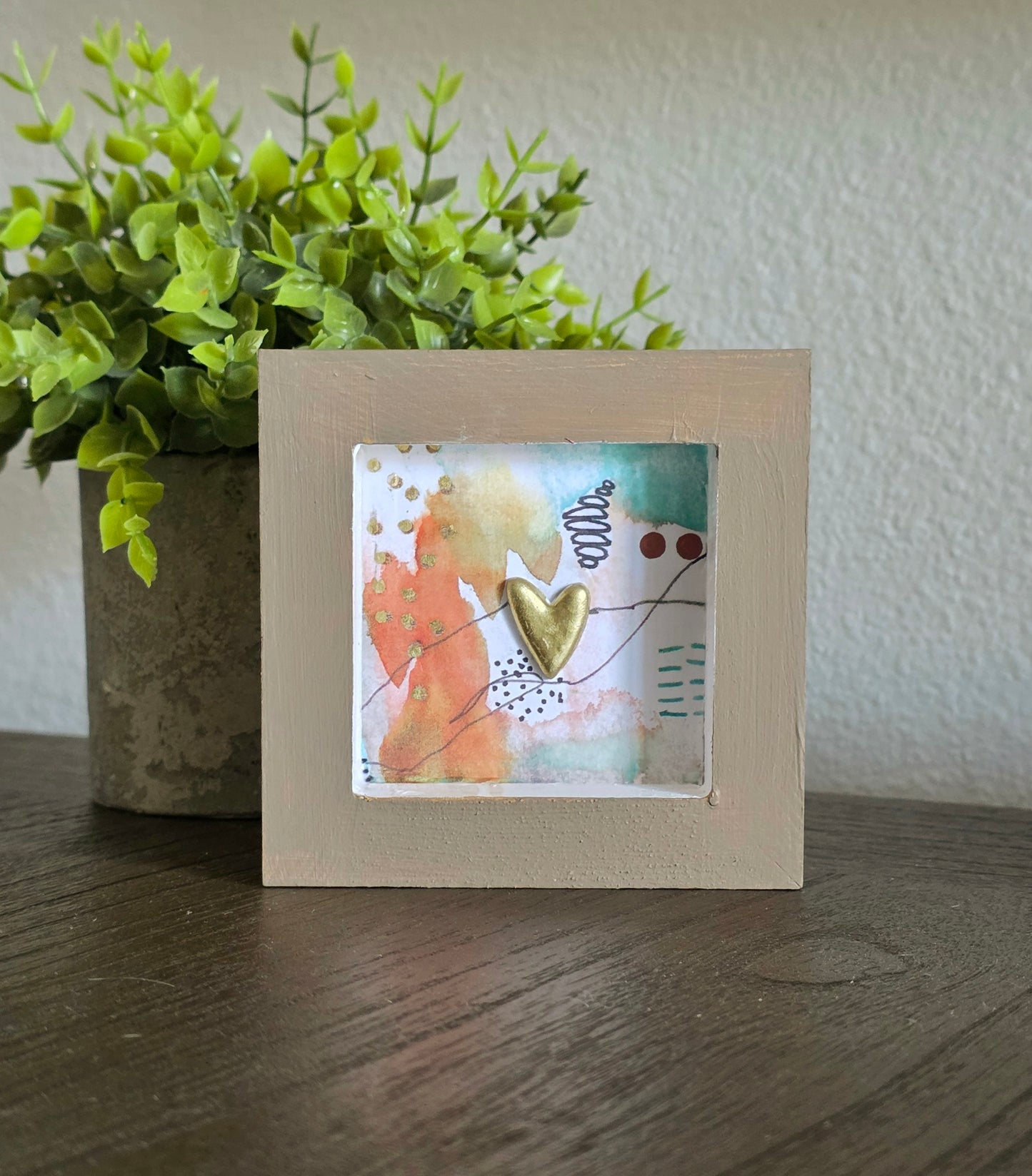 Handmade 4x4 Shelf Sitter Art – Gold Heart Decor – Neutral Beige Mixed Media Wood Art