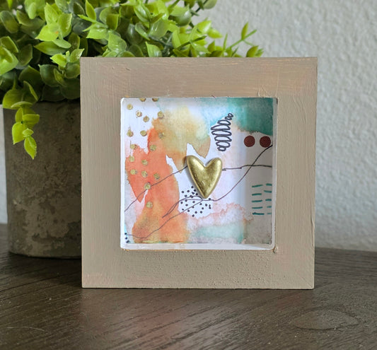 Handmade 4x4 Shelf Sitter Art – Gold Heart Decor – Neutral Beige Mixed Media Wood Art