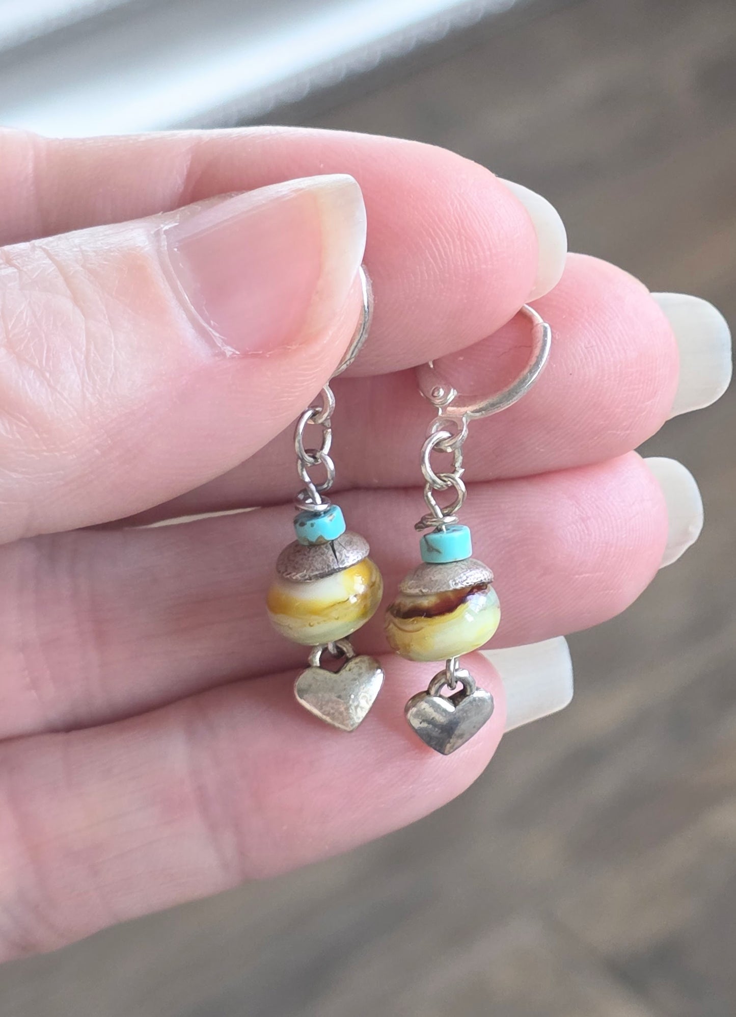 Handmade Lampwork Glass Hoop Earrings with Sterling Silver Hearts