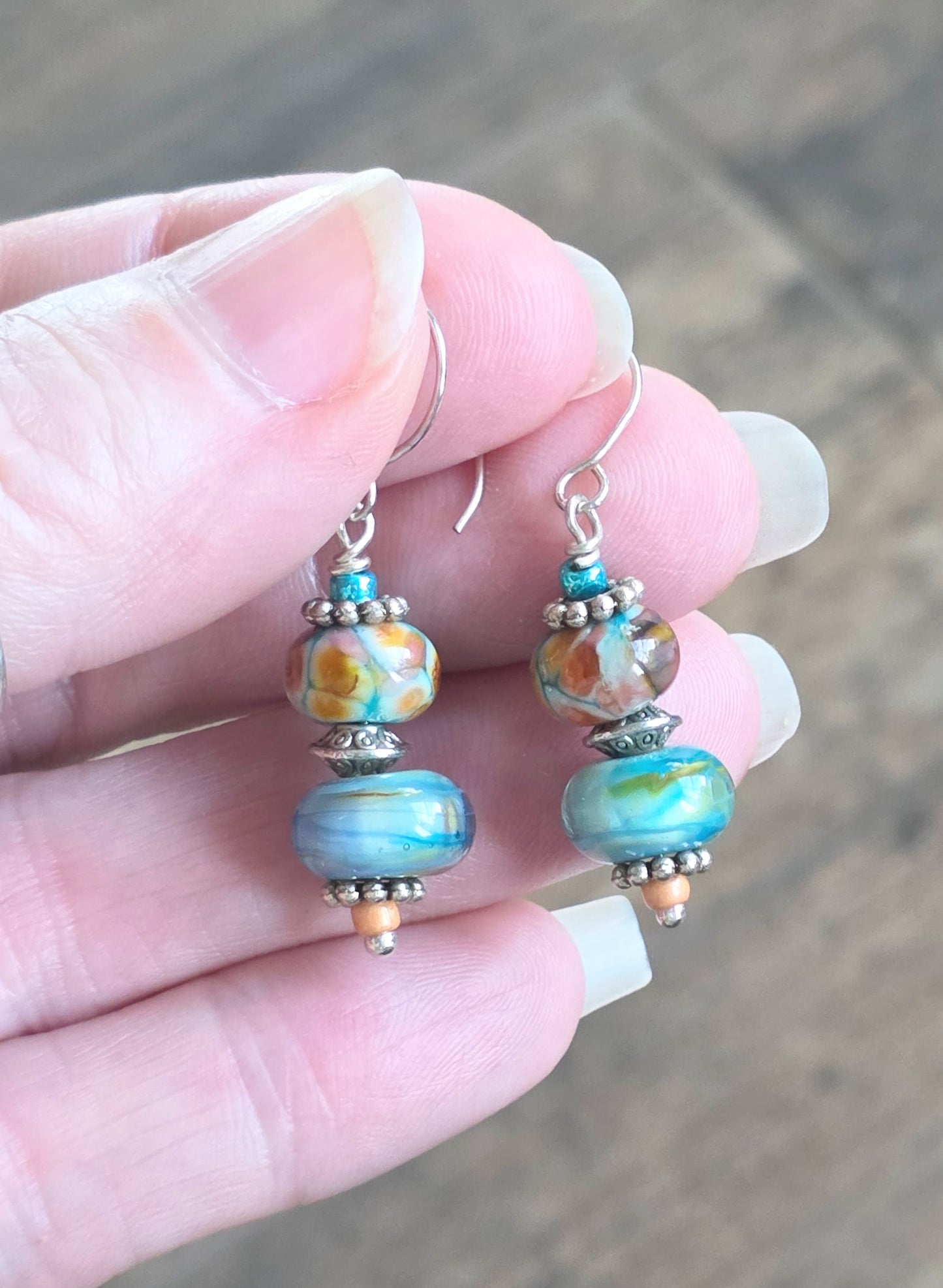 Handmade Lampwork Glass Earrings in Blue and Earth Tones