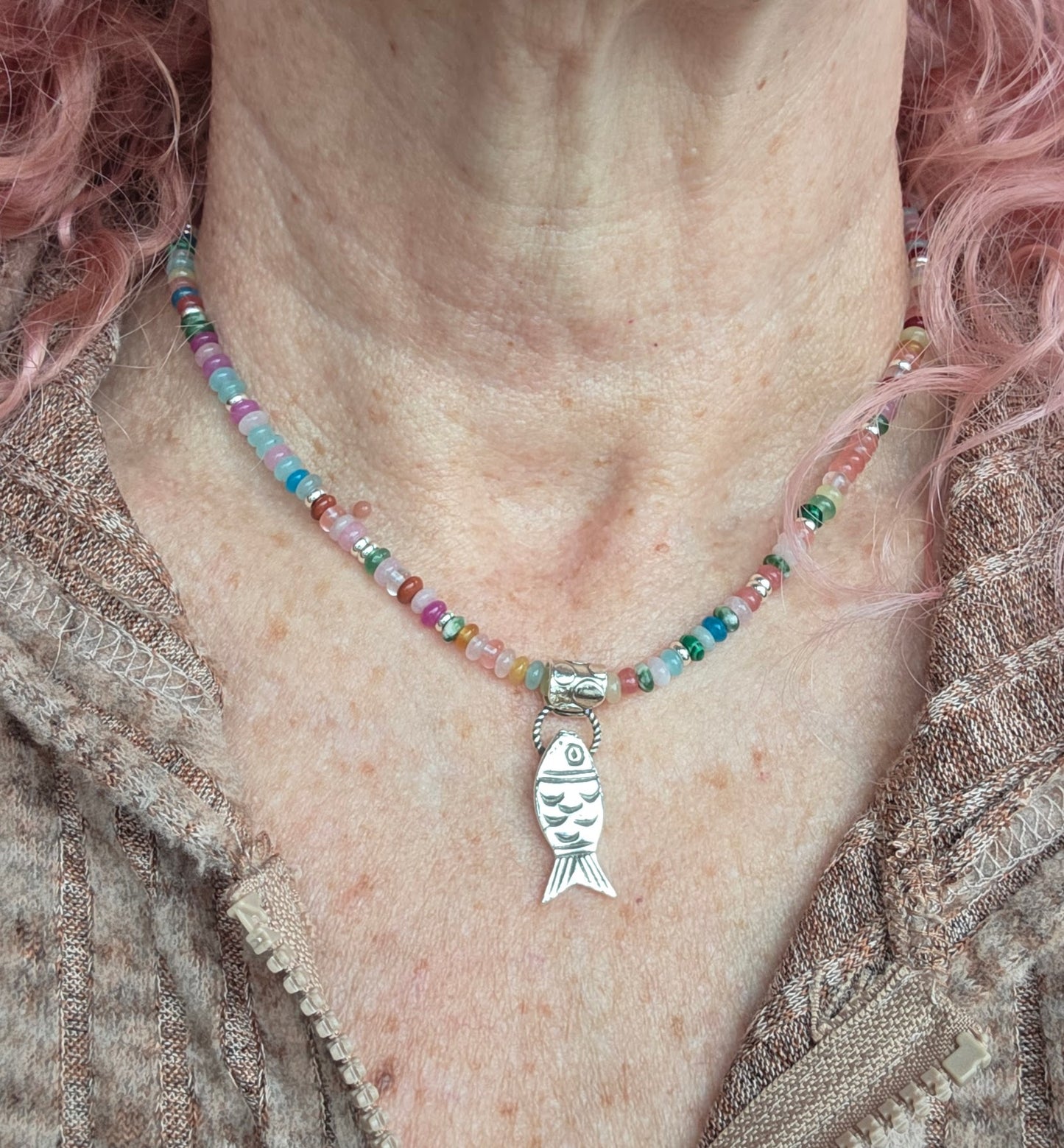 Mixed Gemstone Sterling Fish Charm Necklace