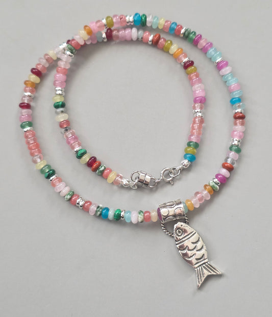 Mixed Gemstone Sterling Fish Charm Necklace