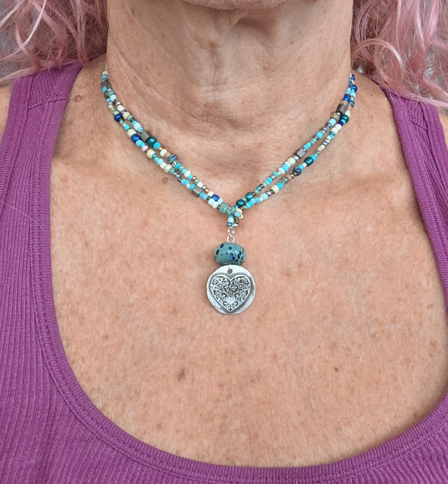 Sterling Silver and Glass Long Beaded Necklace wit Heart