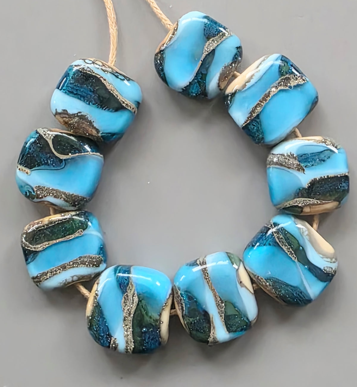 Silver Blue Lampwork Tab Beads