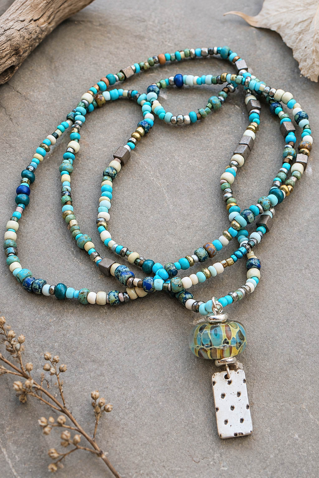 All Blues- Handmade Lampwork Bead with Silver Charm on Beaded Necklace