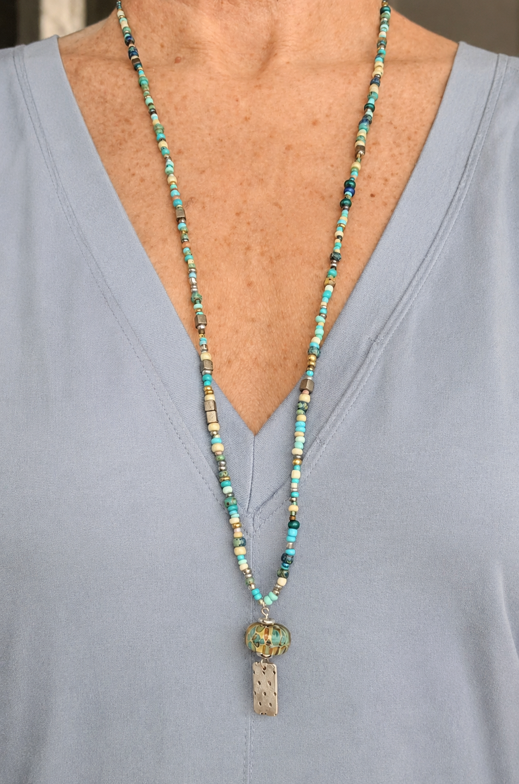 All Blues- Handmade Lampwork Bead with Silver Charm on Beaded Necklace