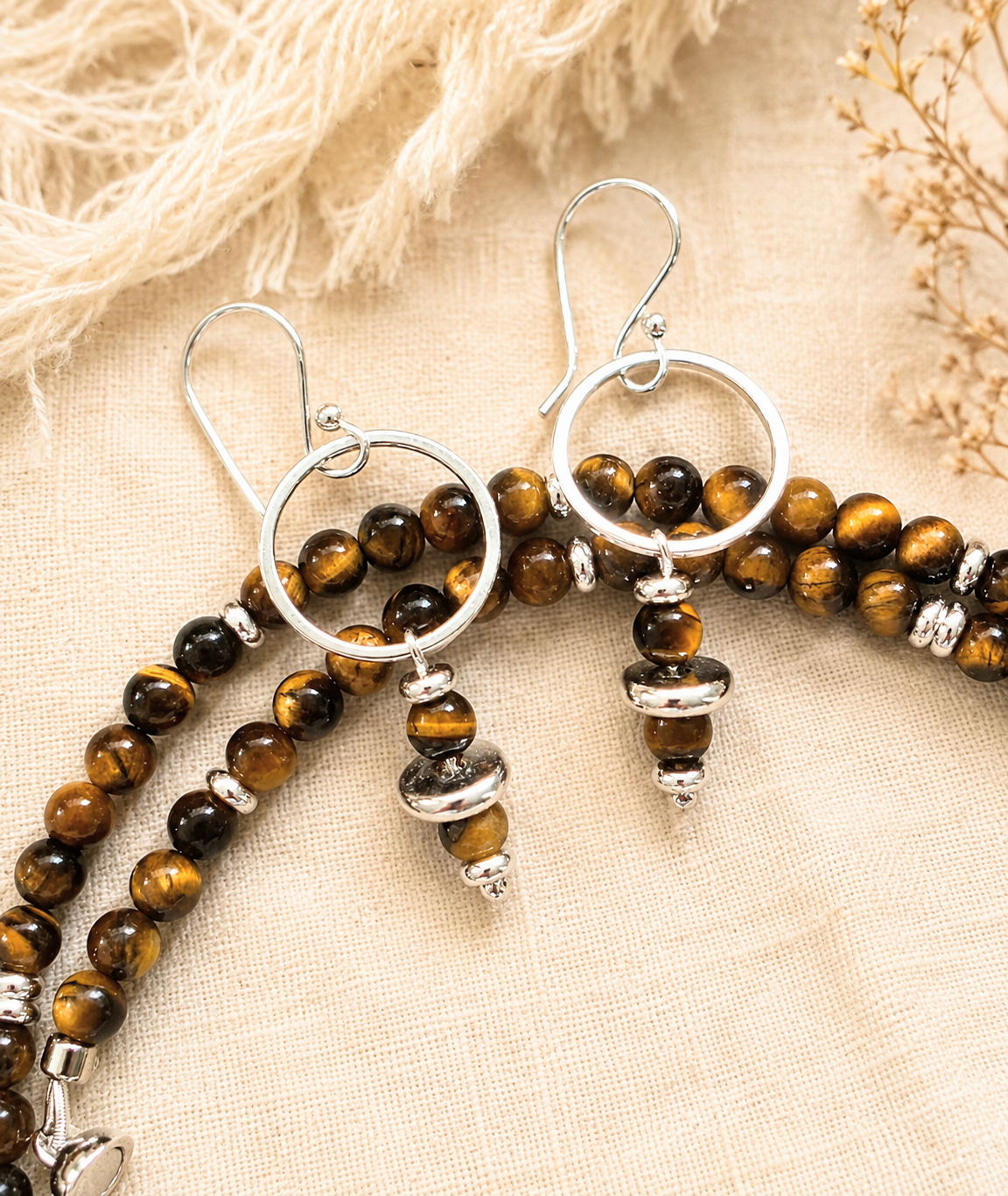 Tiger's Eye and Silver Dangle Earrings