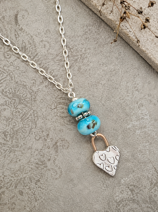 Aqua Lampwork Beads and Sterling Heart Charm Necklace