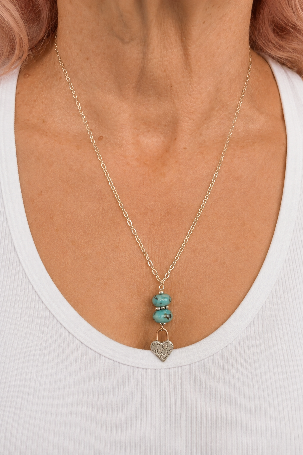 Aqua Lampwork Beads and Sterling Heart Charm Necklace