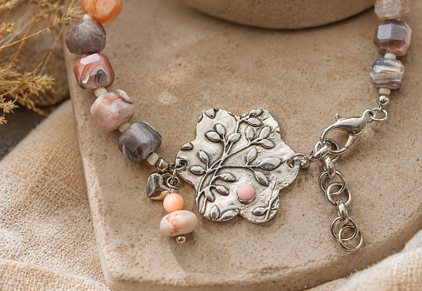 Pink Agate with Sterling Focal Bracelet