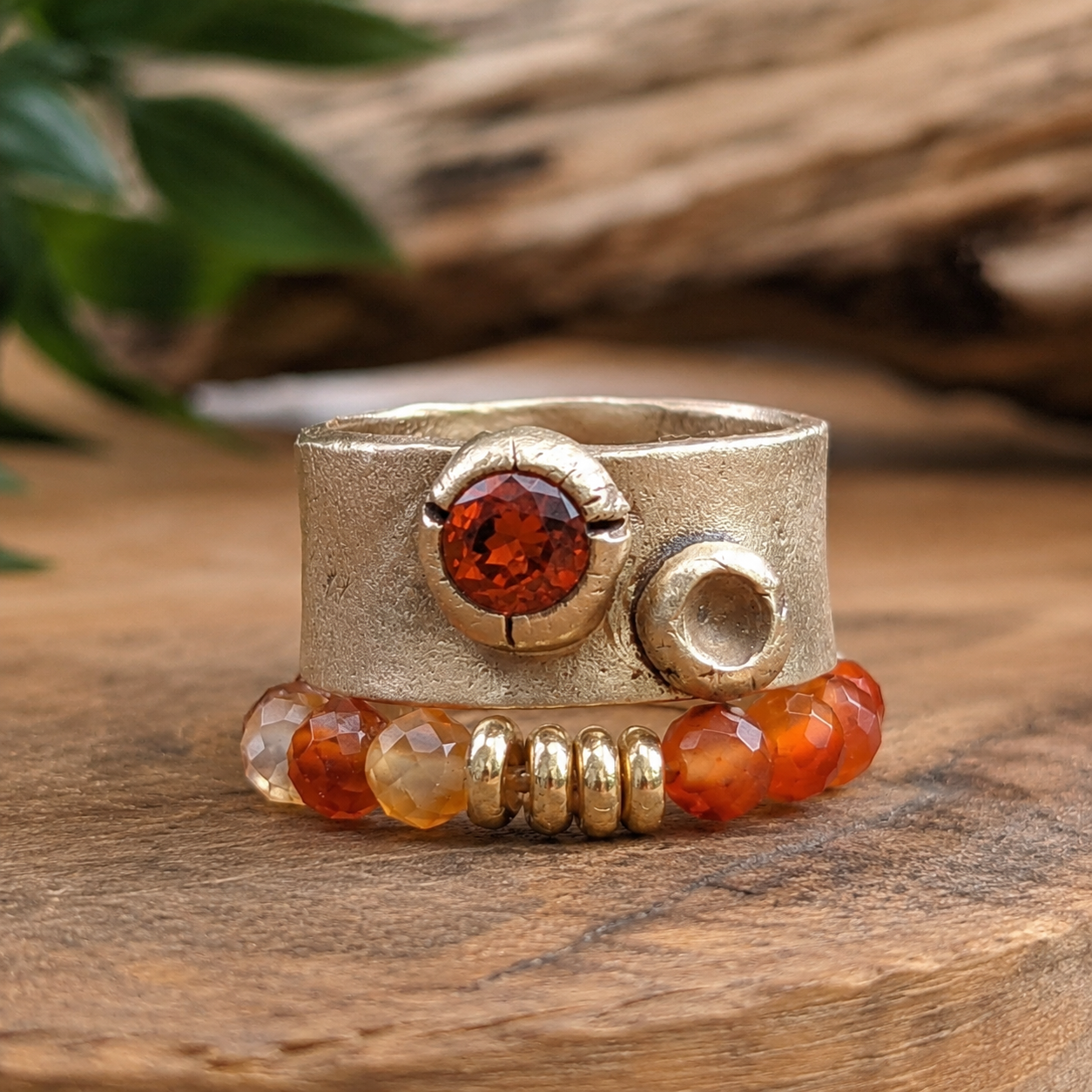Organic Aesthetic Bronze Ring with Stacking Stretch Carnelian Ring