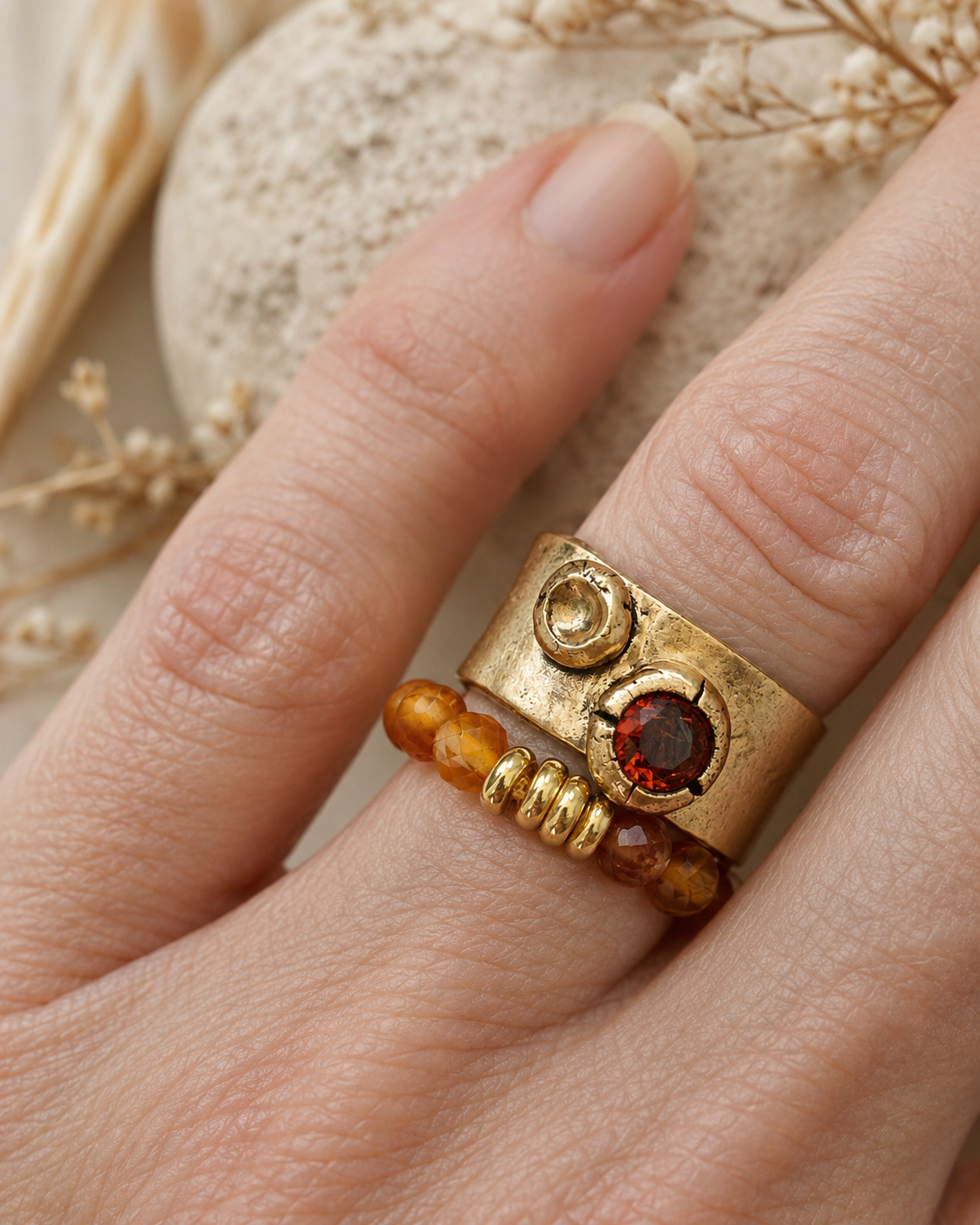 Organic Aesthetic Bronze Ring with Stacking Stretch Carnelian Ring