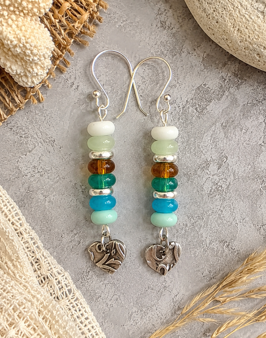 Glass Bead and Sterling Heart Charm Earrings