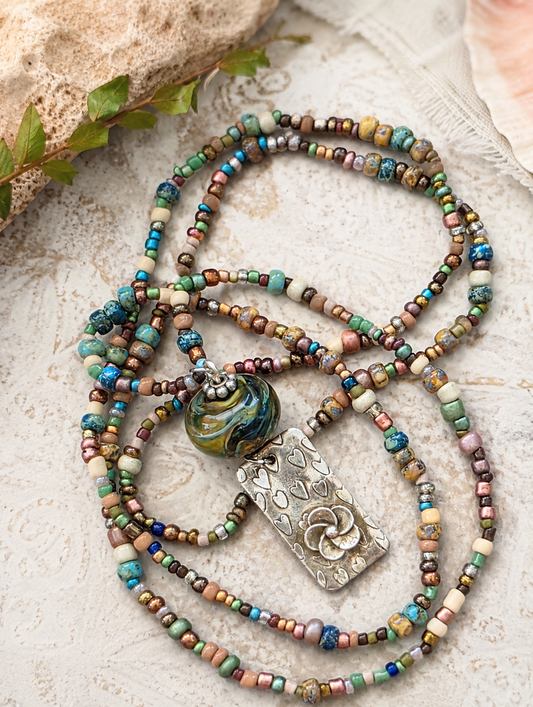 Long Beaded Necklace with Lampwork Bead and Sterling Charm
