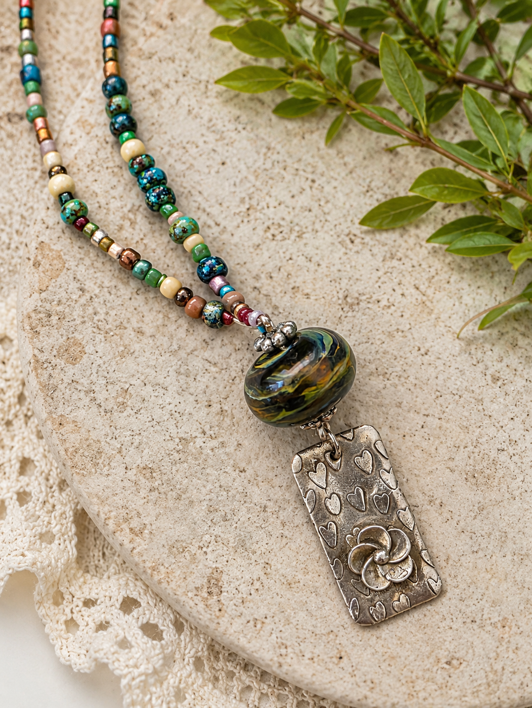 Long Beaded Necklace with Lampwork Bead and Sterling Charm