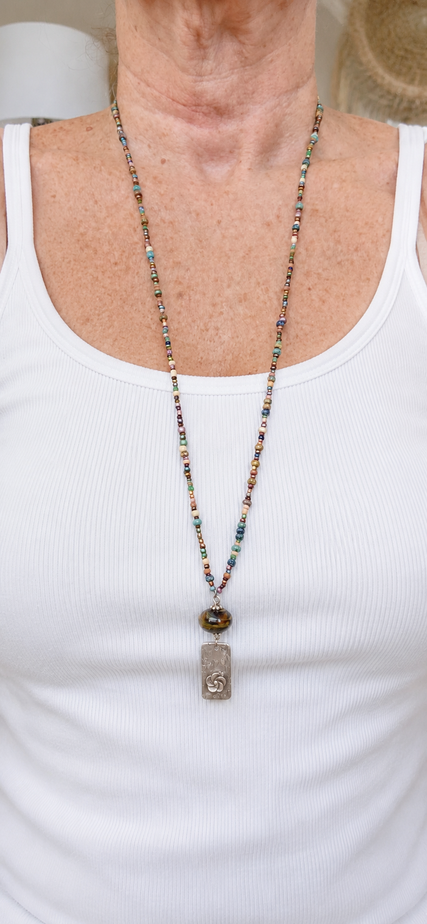Long Beaded Necklace with Lampwork Bead and Sterling Charm