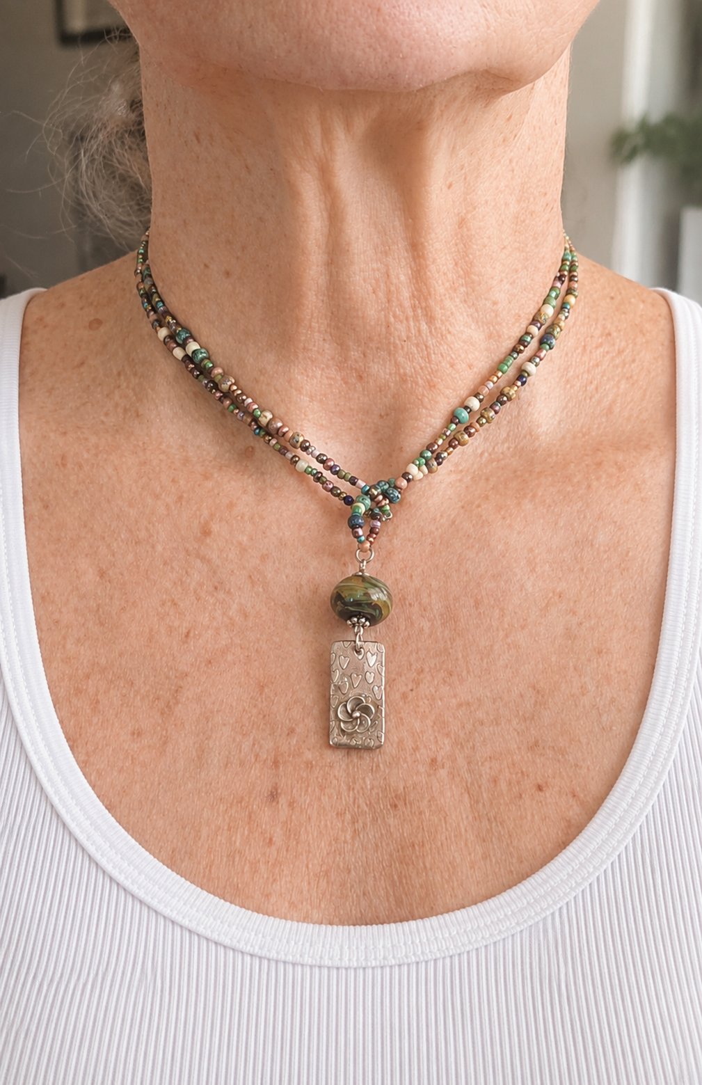Long Beaded Necklace with Lampwork Bead and Sterling Charm