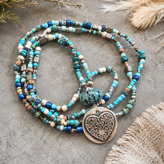 Sterling Silver and Glass Long Beaded Necklace wit Heart
