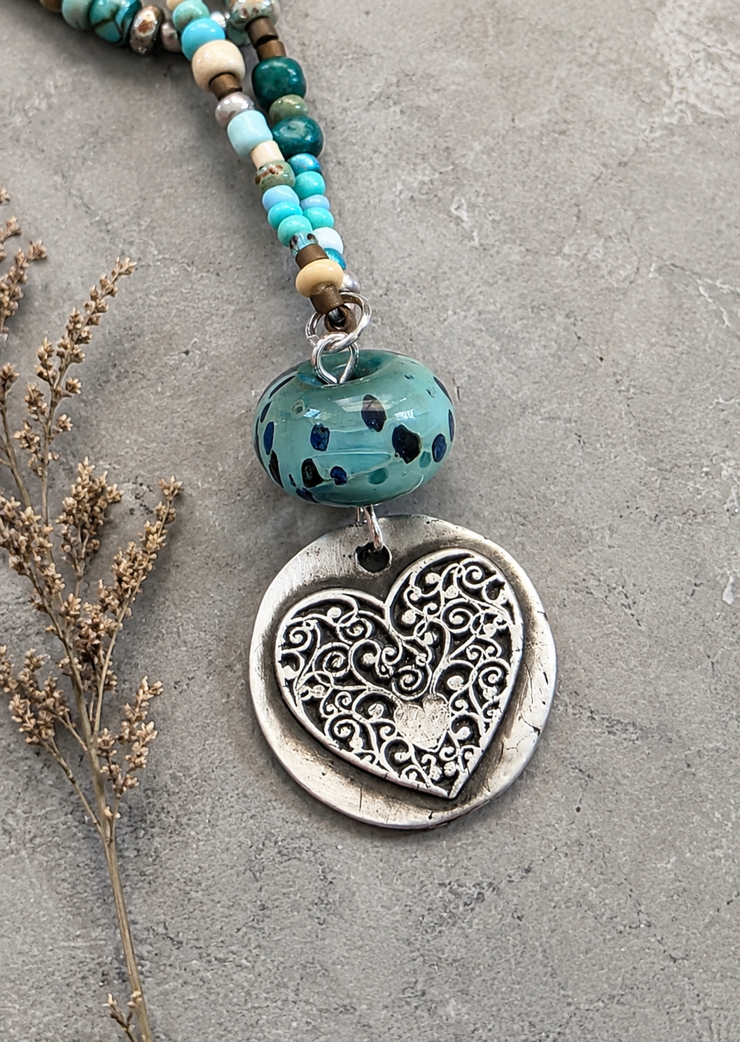 Sterling Silver and Glass Long Beaded Necklace wit Heart