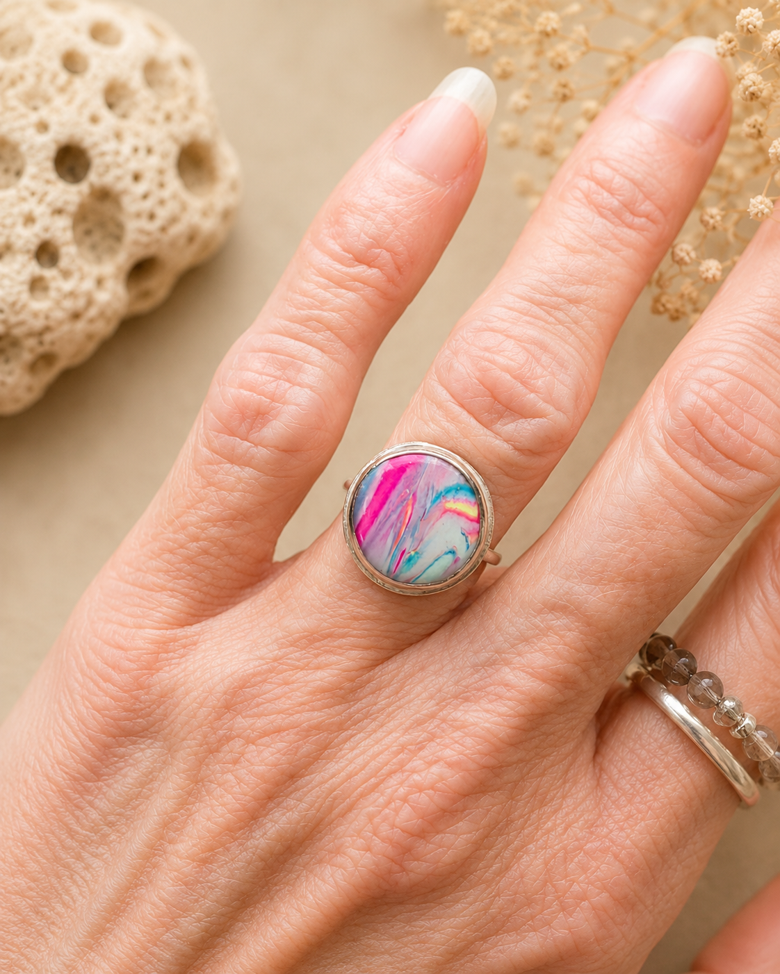Sterling Silver & Colorful Polymer Clay Ring | Size 6