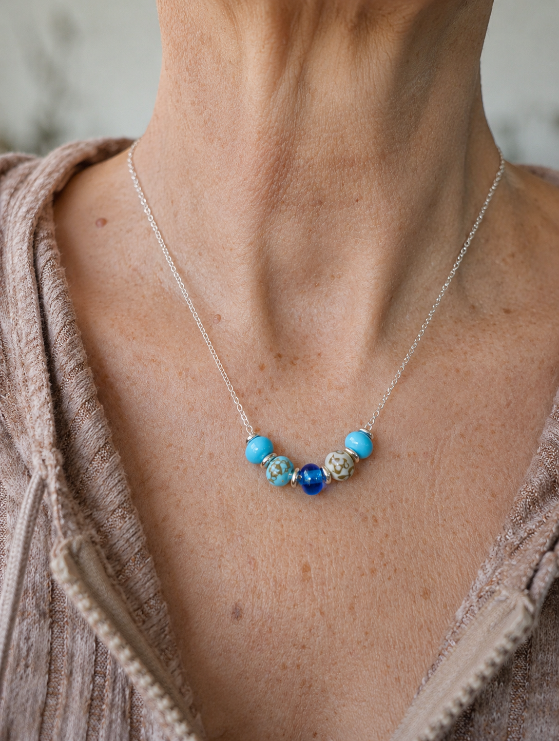 Glass Lampwork Bead Necklace- Blue
