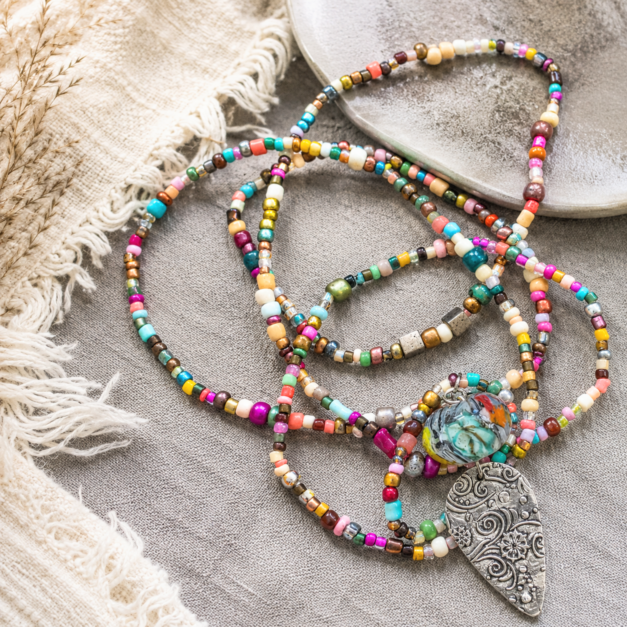 Colorful Glass Bead and Sterling Long Necklace