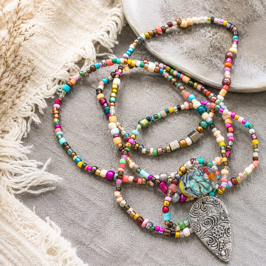 Colorful Glass Bead and Sterling Long Necklace