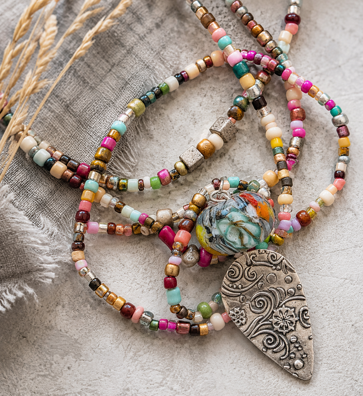 Colorful Glass Bead and Sterling Long Necklace