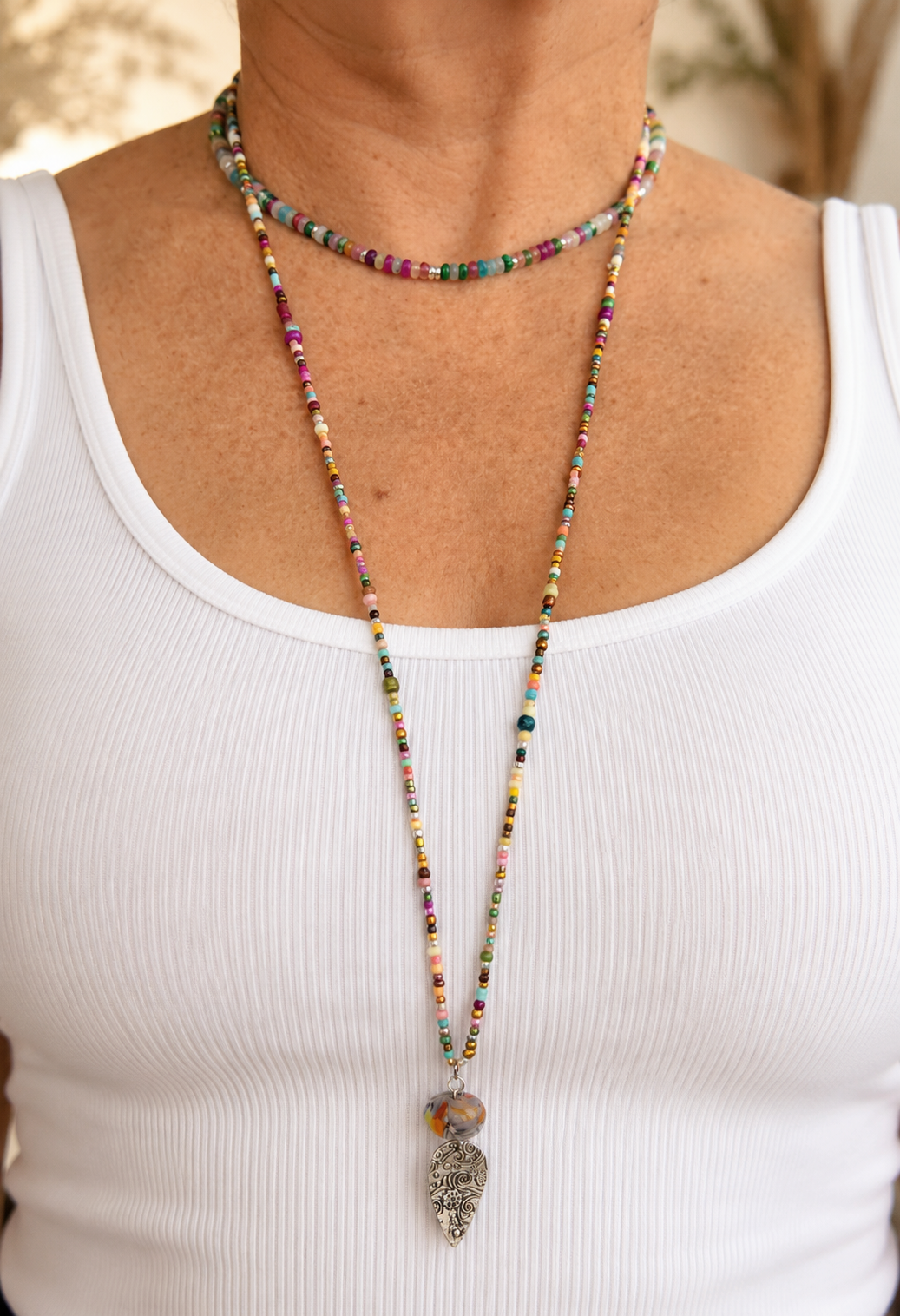 Colorful Glass Bead and Sterling Long Necklace