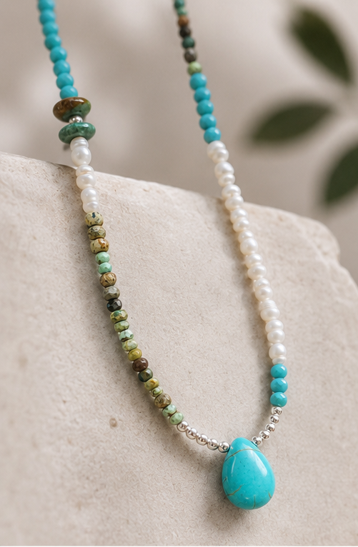 Turquoise, Pearl & Sterling Silver Necklace