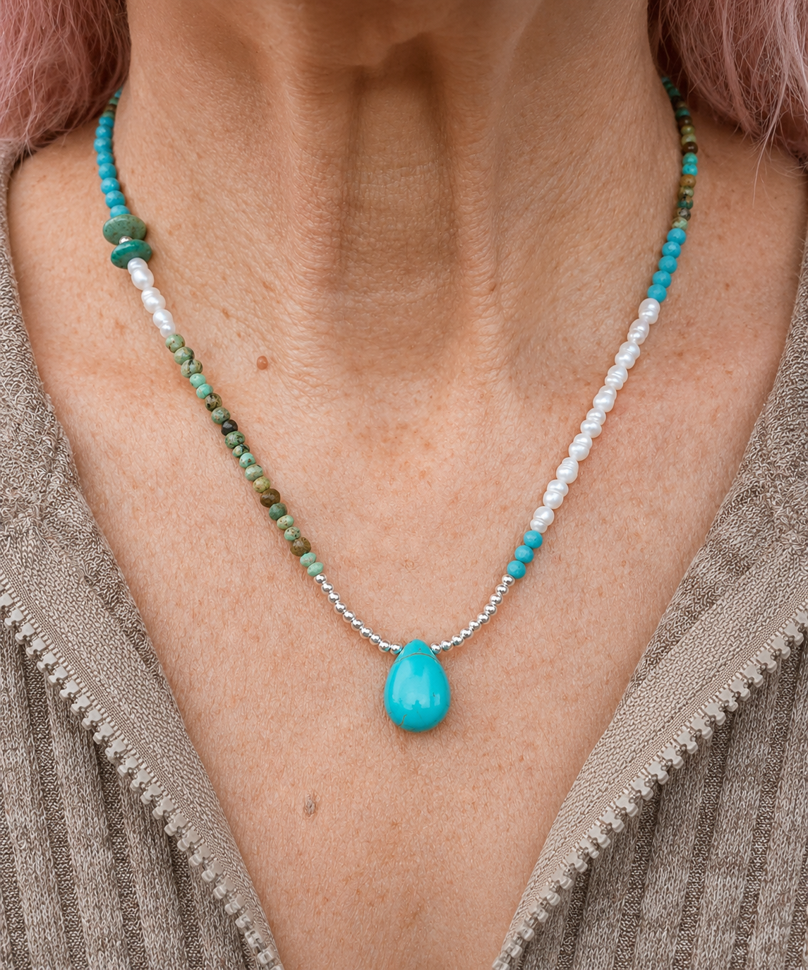 Turquoise, Pearl & Sterling Silver Necklace