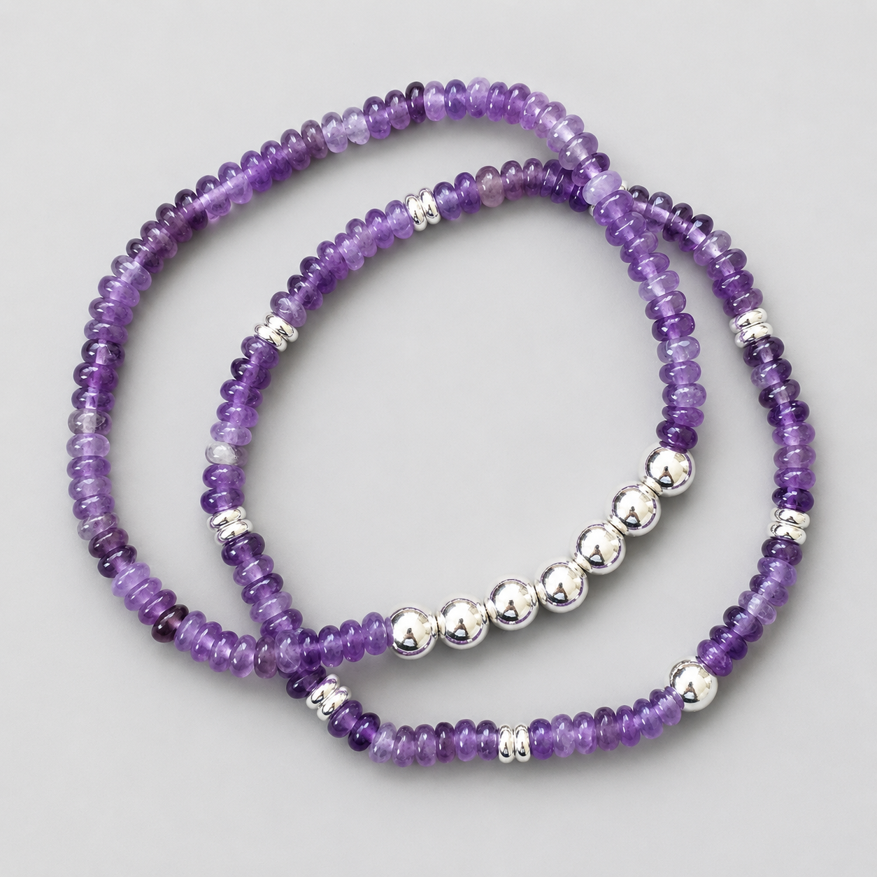 Amethyst and Silver Stacking Stretch Bracelets