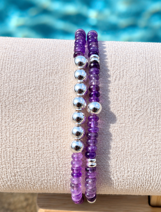 Amethyst and Silver Stacking Stretch Bracelets