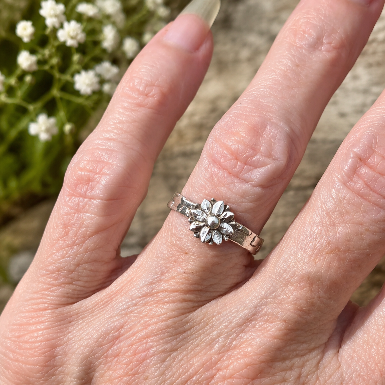 Sterling Silver Textured Flower Stacking Ring
