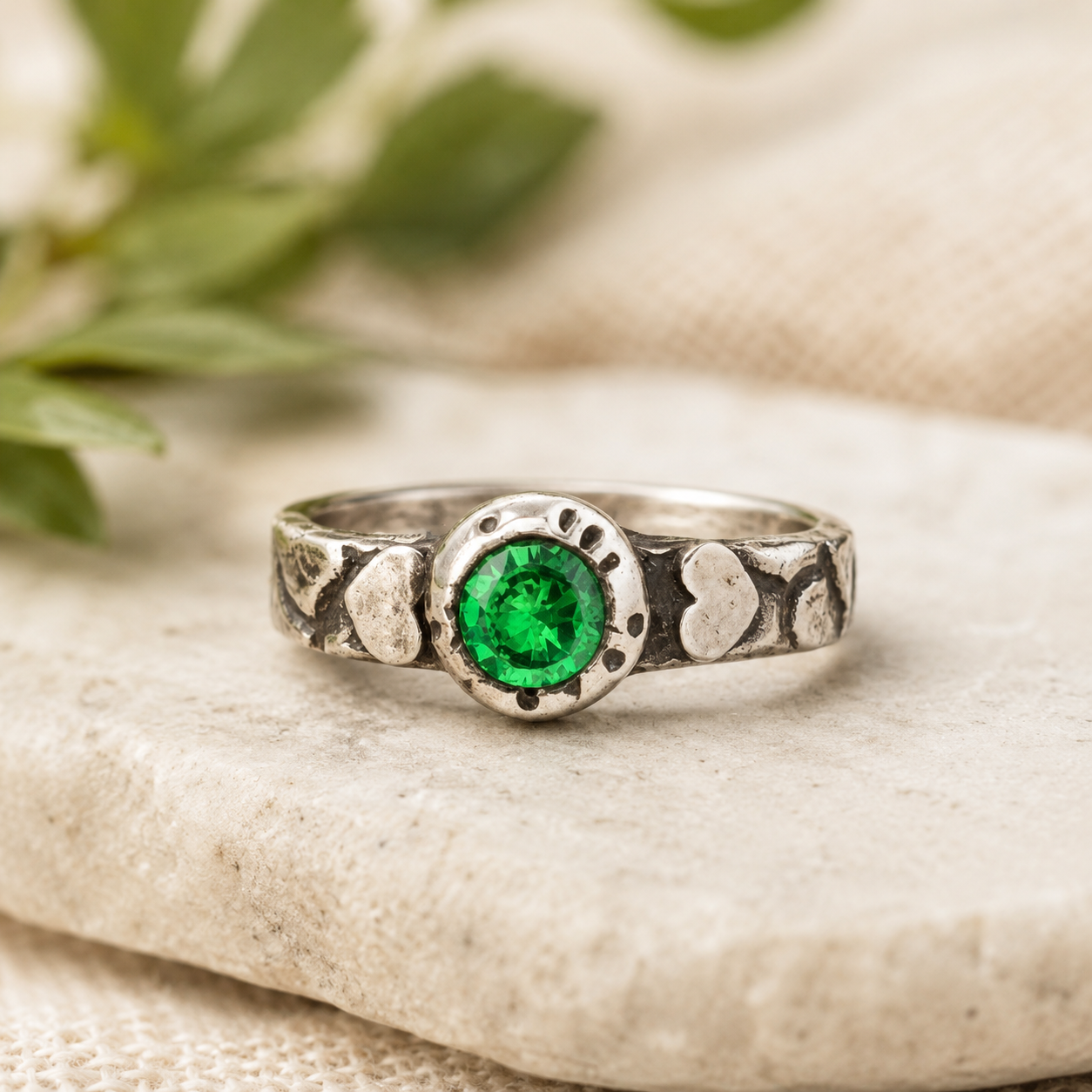 Green CZ Textured Heart Rustic Stacking Ring