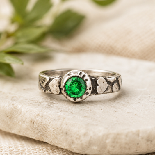 Green CZ Textured Heart Rustic Stacking Ring