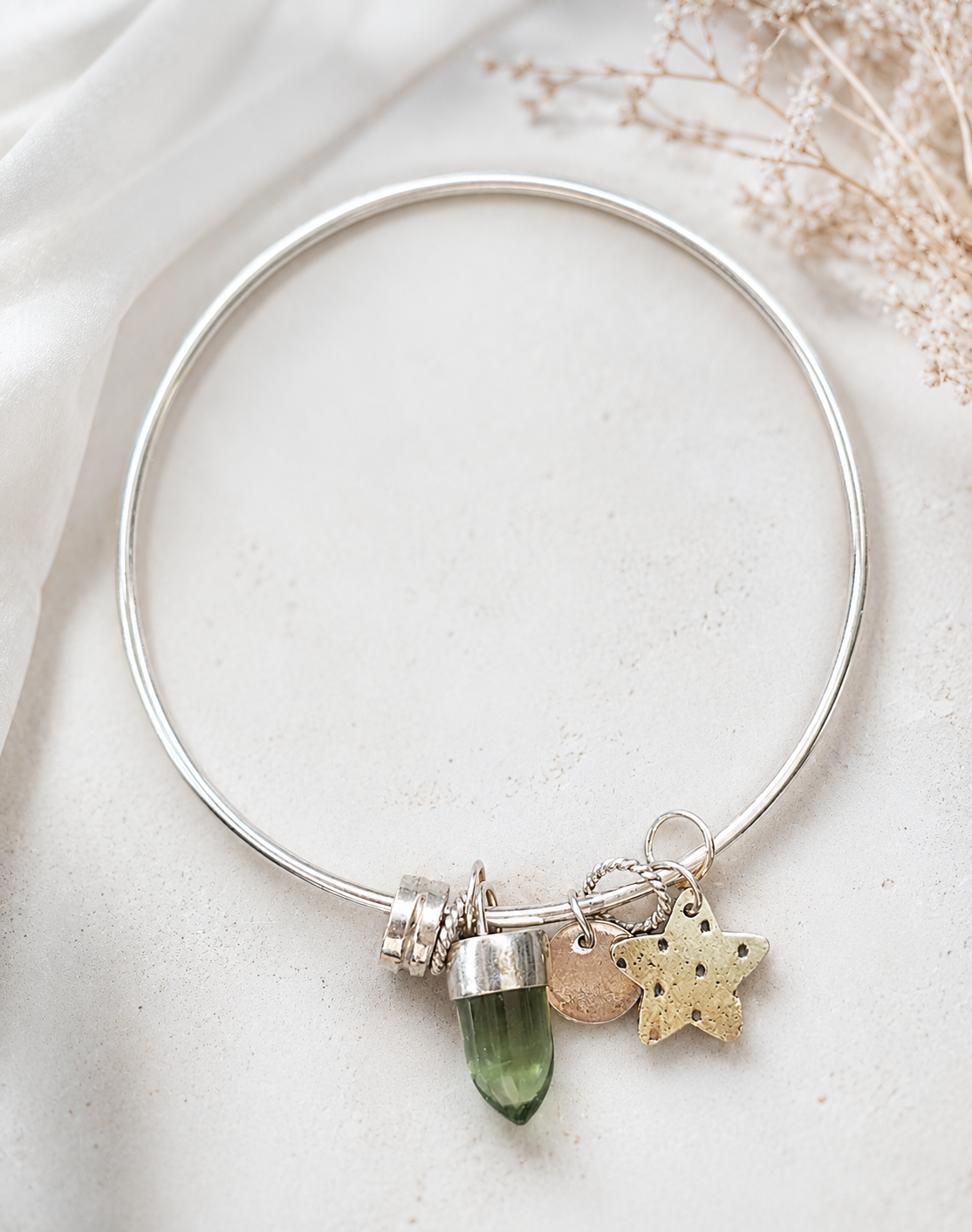 Sterling Silver Peridot Charm Bangle