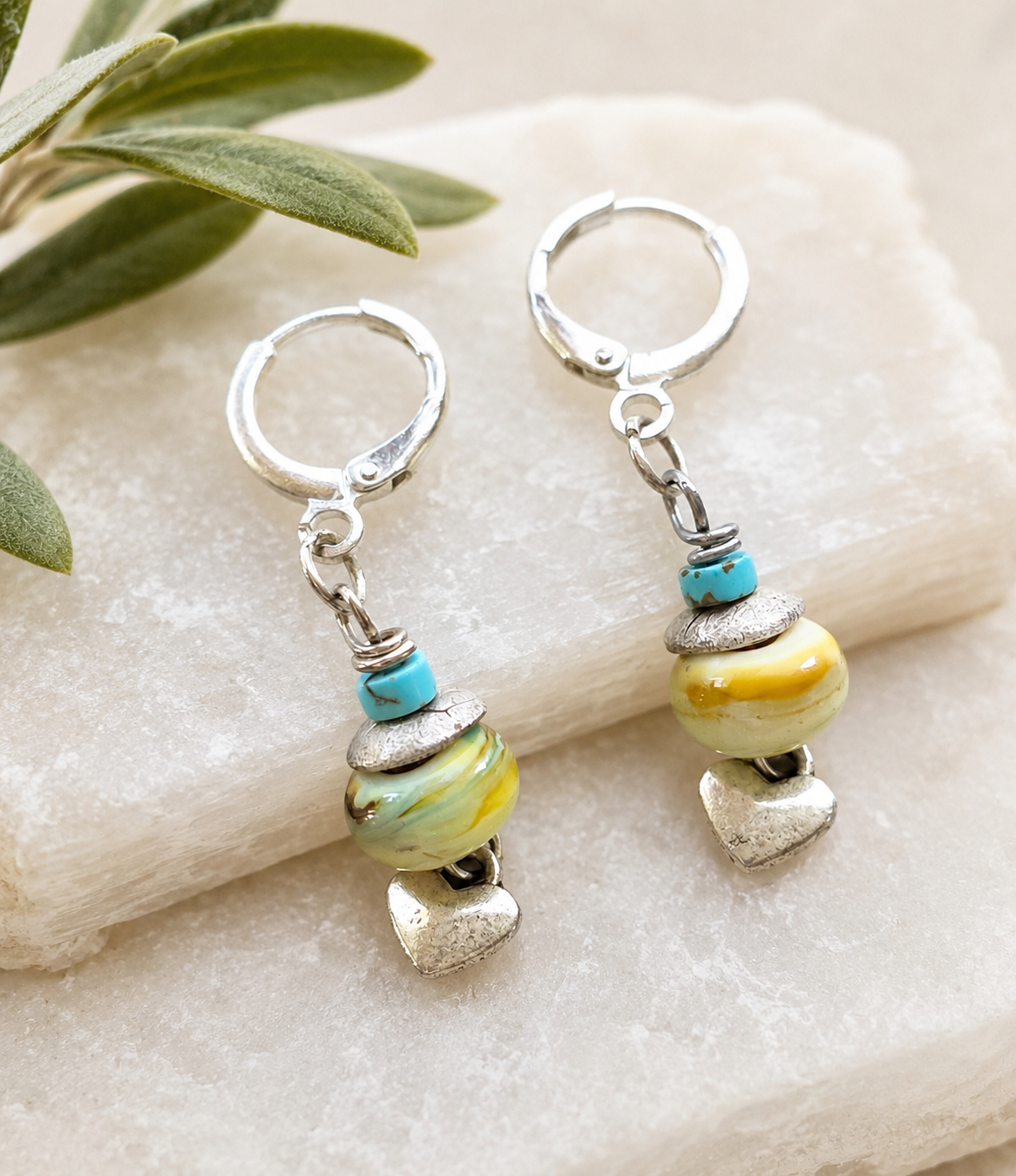 Handmade Lampwork Glass Hoop Earrings with Sterling Silver Hearts