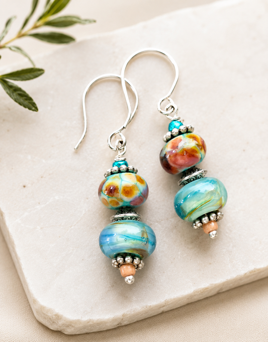 Handmade Lampwork Glass Earrings in Blue and Earth Tones