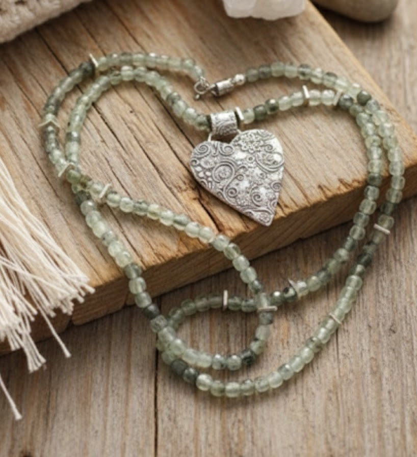 Handmade prehnite necklace with large fine silver textured heart pendant