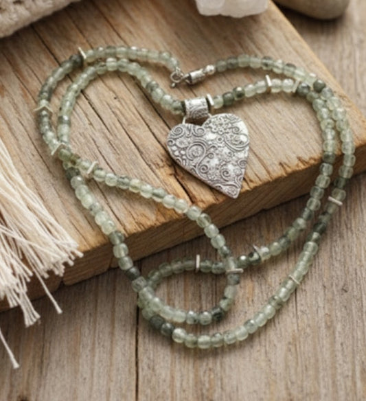 Handmade prehnite necklace with large fine silver textured heart pendant
