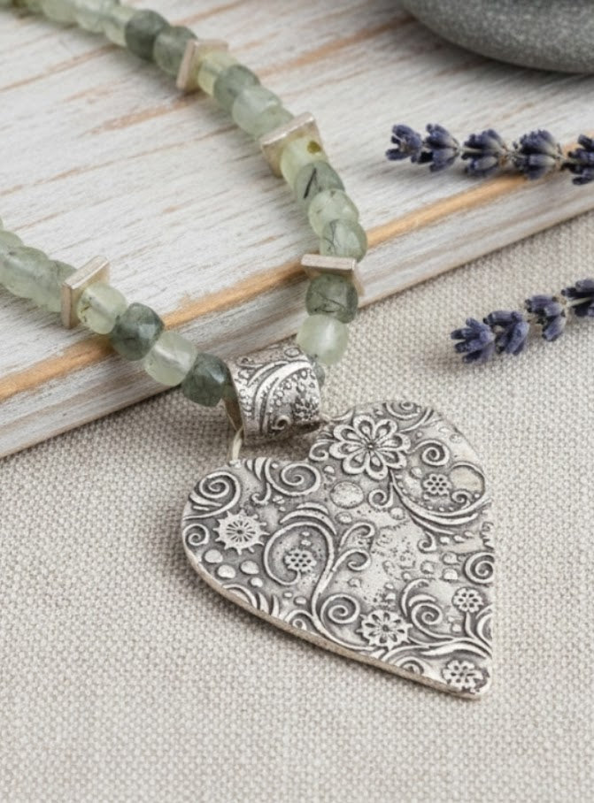 Handmade prehnite necklace with large fine silver textured heart pendant