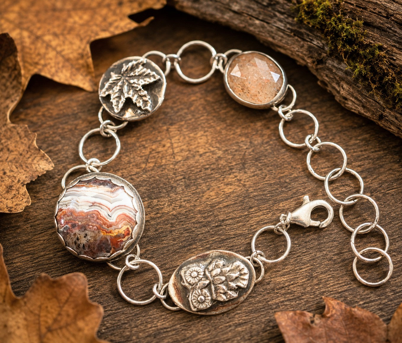 Owl, Maple Leaf, Agate and Sunstone Charm Bracelet