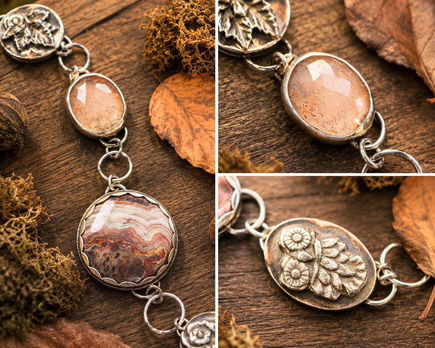 Owl, Maple Leaf, Agate and Sunstone Charm Bracelet